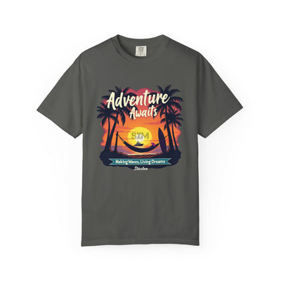 Adventure Awaits Garment-Dyed T-Shirt | Beach Lover's Tee, Travel Shirt, Vacation Top, Fun Summer Wear, Unisex Graphic T-shirt
