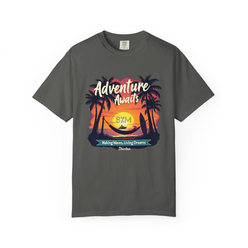 Adventure Awaits Garment-Dyed T-Shirt | Beach Lover's Tee, Travel Shirt, Vacation Top, Fun Summer Wear, Unisex Graphic T-shirt