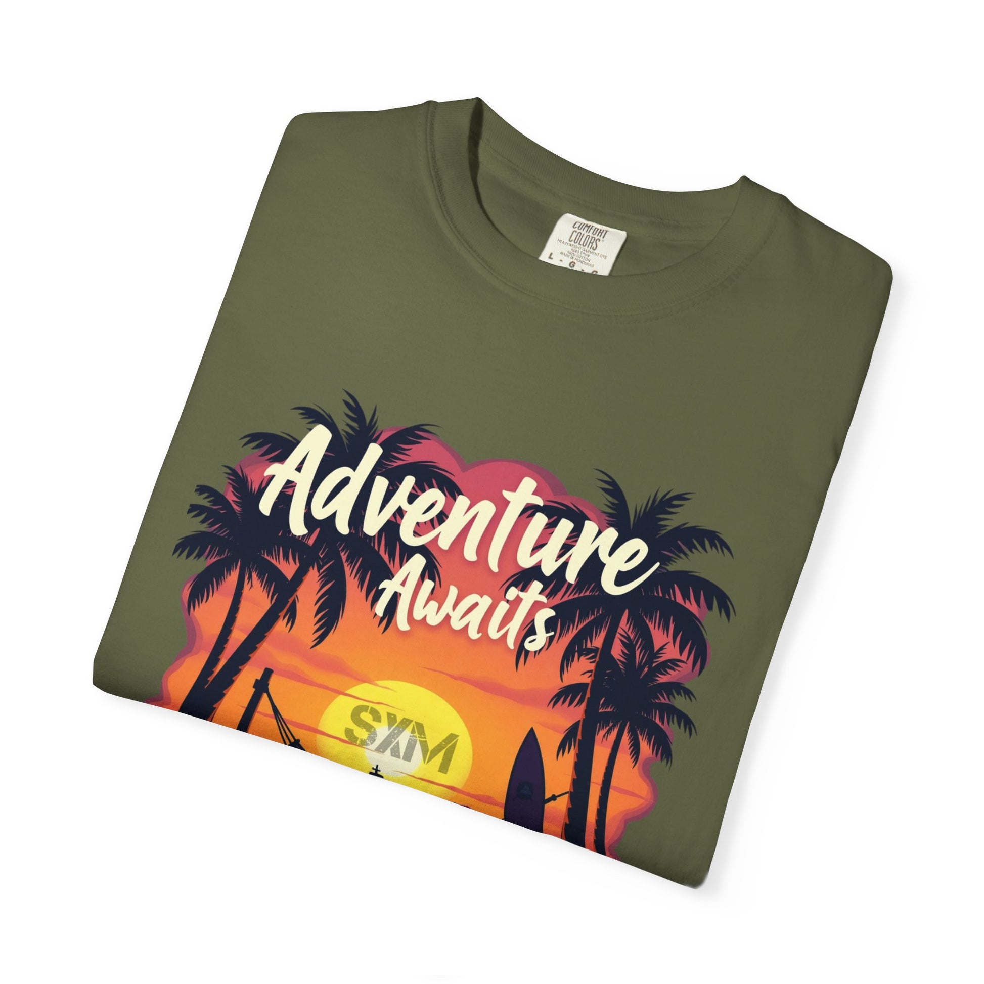 Adventure Awaits Garment-Dyed T-Shirt | Beach Lover's Tee, Travel Shirt, Vacation Top, Fun Summer Wear, Unisex Graphic T-shirt