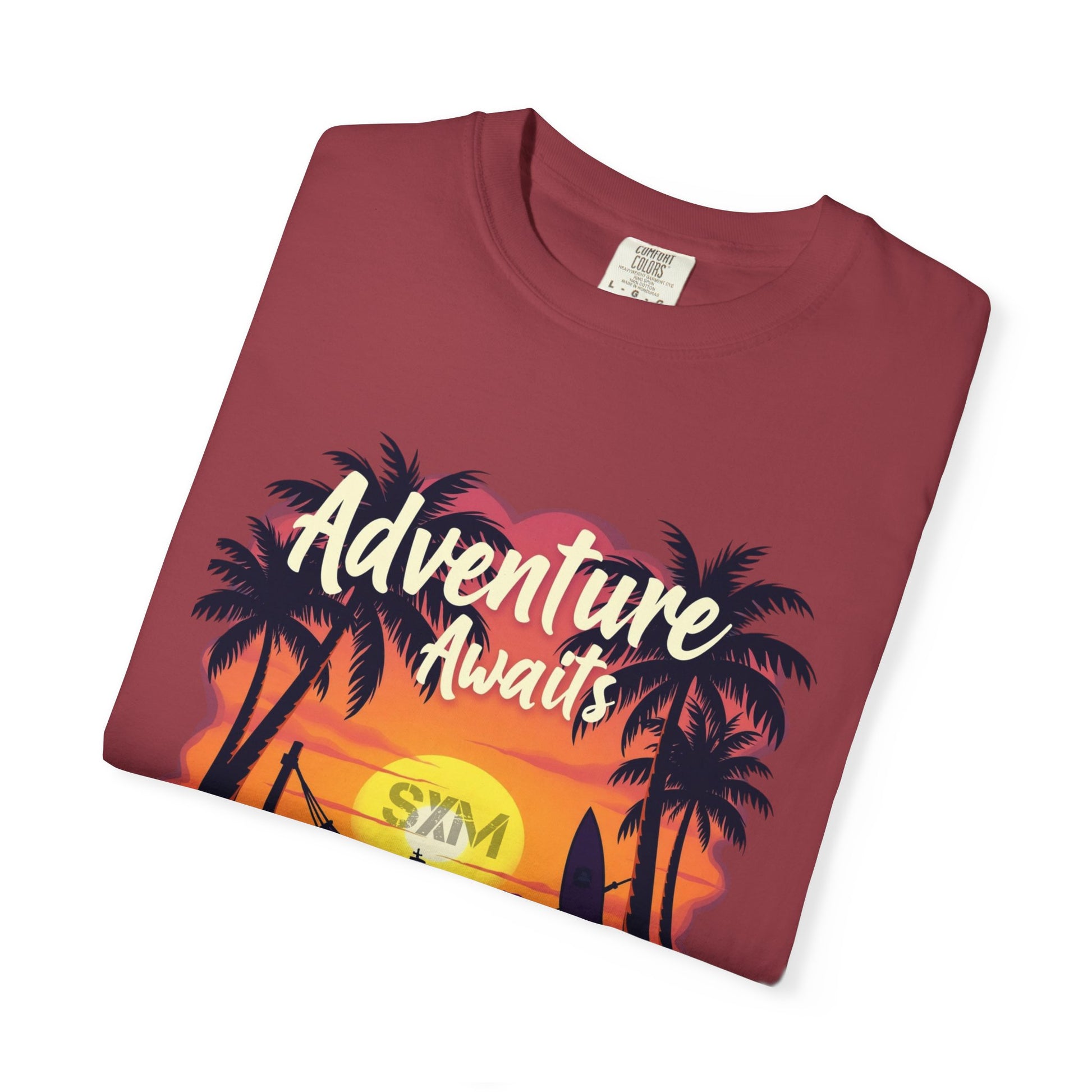 Adventure Awaits Garment-Dyed T-Shirt | Beach Lover's Tee, Travel Shirt, Vacation Top, Fun Summer Wear, Unisex Graphic T-shirt