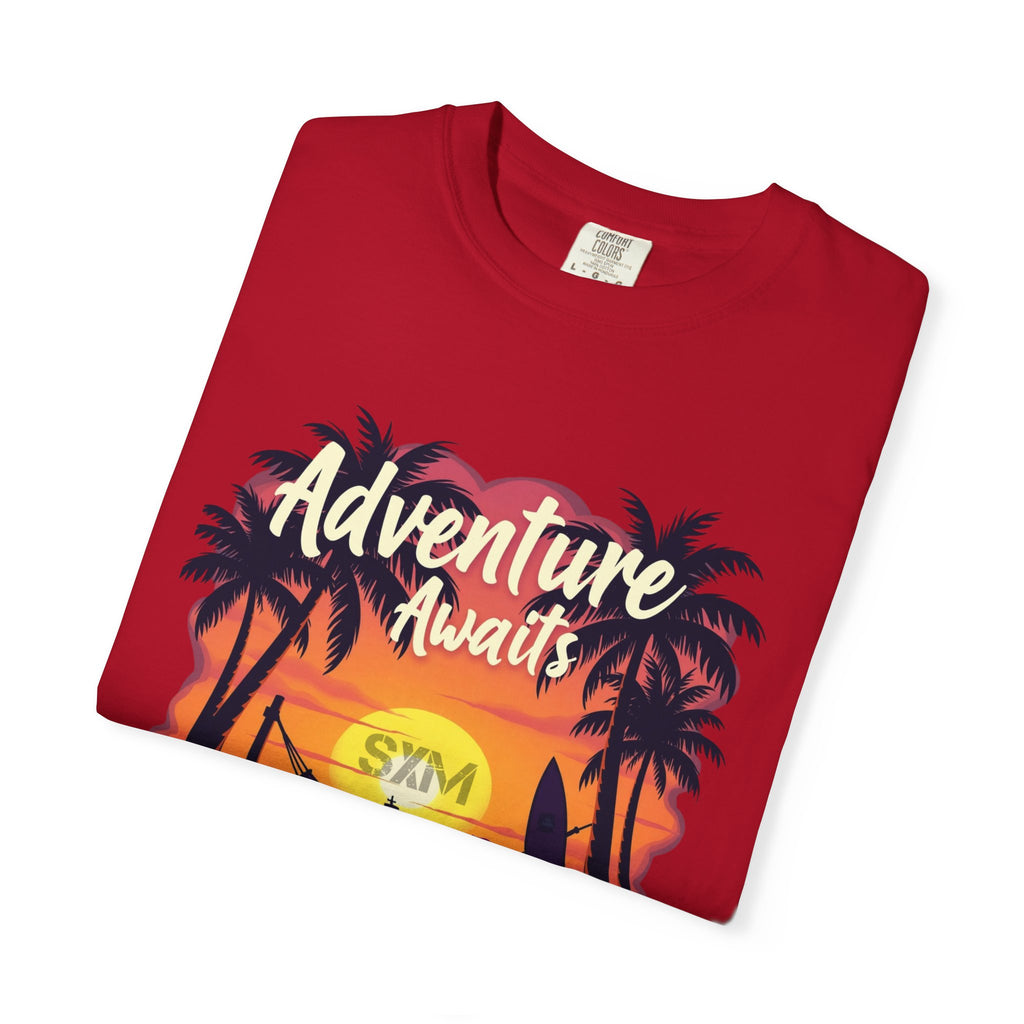 Adventure Awaits Garment-Dyed T-Shirt | Beach Lover's Tee, Travel Shirt, Vacation Top, Fun Summer Wear, Unisex Graphic T-shirt