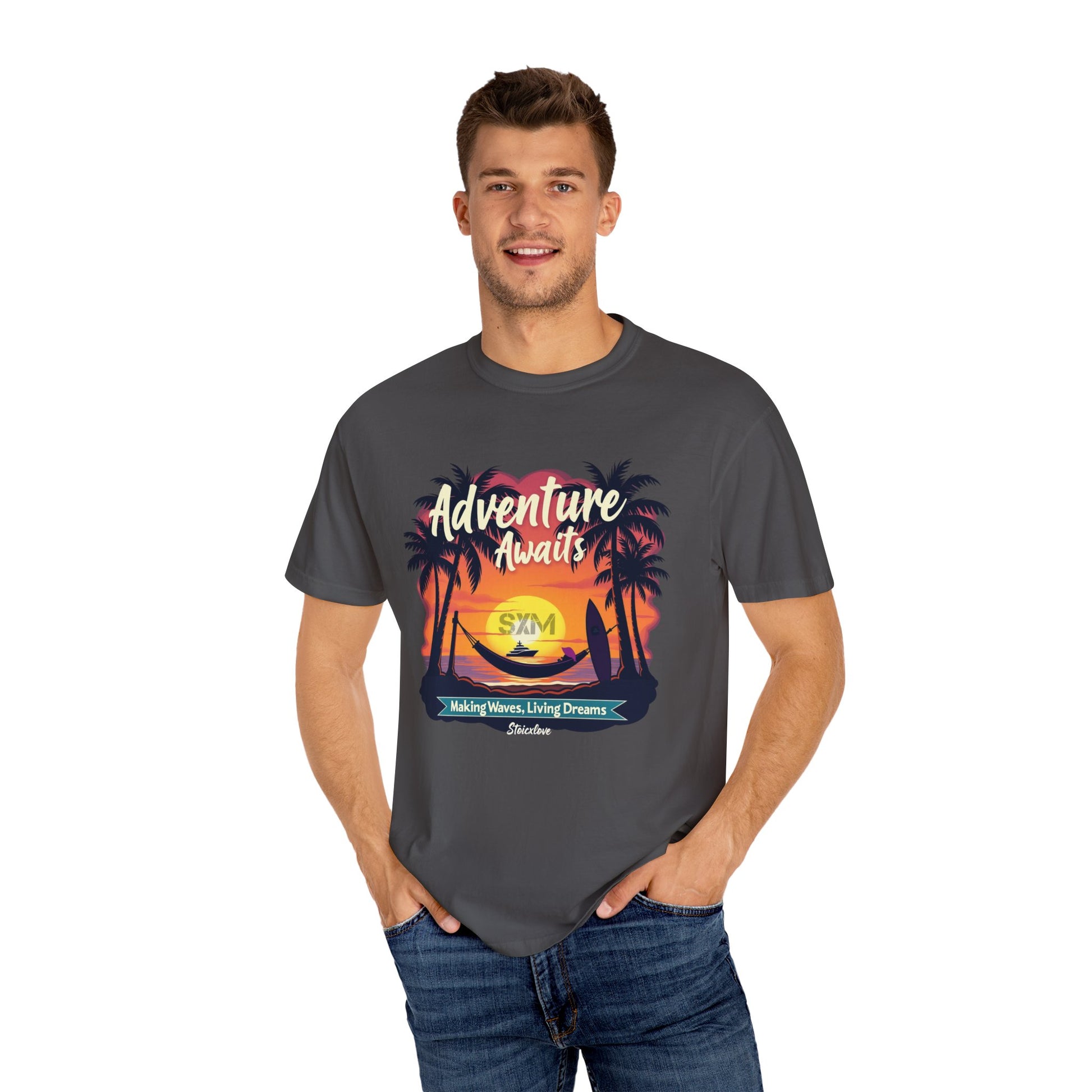 Adventure Awaits Garment-Dyed T-Shirt | Beach Lover's Tee, Travel Shirt, Vacation Top, Fun Summer Wear, Unisex Graphic T-shirt