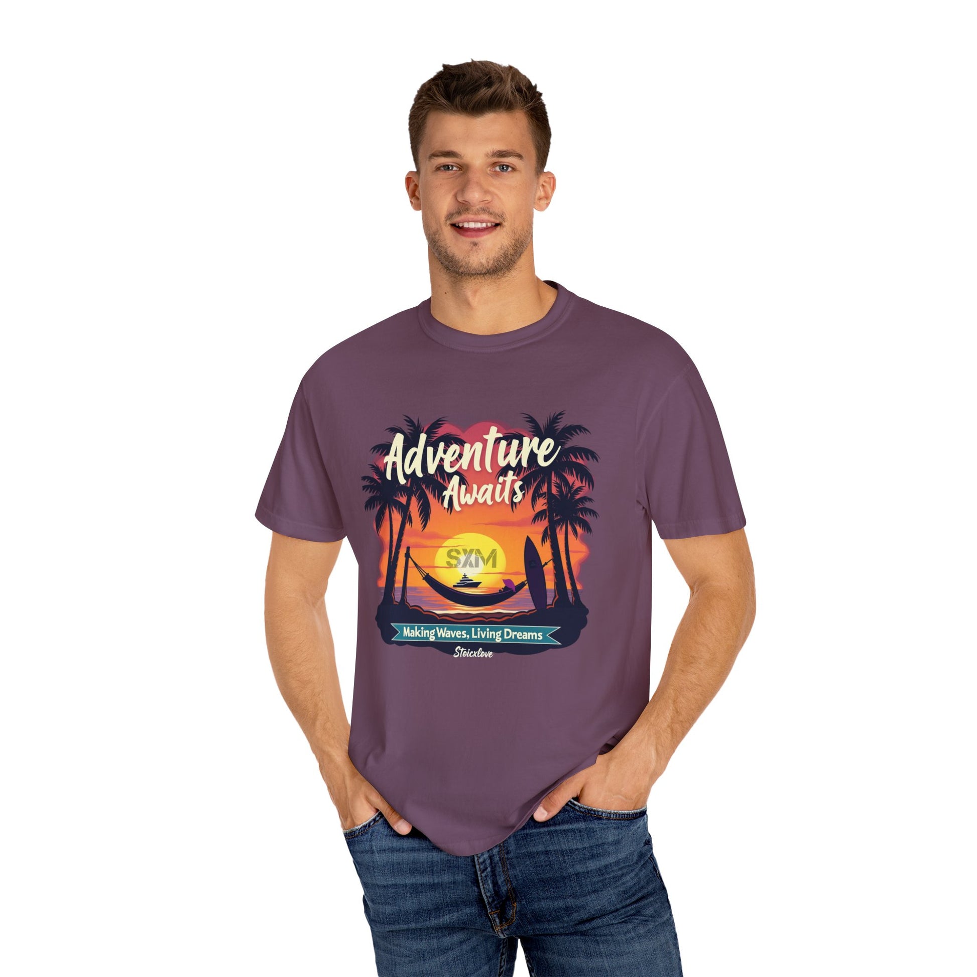 Adventure Awaits Garment-Dyed T-Shirt | Beach Lover's Tee, Travel Shirt, Vacation Top, Fun Summer Wear, Unisex Graphic T-shirt