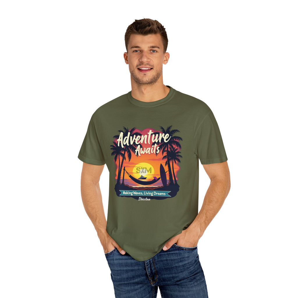 Adventure Awaits Garment-Dyed T-Shirt | Beach Lover's Tee, Travel Shirt, Vacation Top, Fun Summer Wear, Unisex Graphic T-shirt