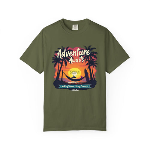 Adventure Awaits Garment-Dyed T-Shirt | Beach Lover's Tee, Travel Shirt, Vacation Top, Fun Summer Wear, Unisex Graphic T-shirt