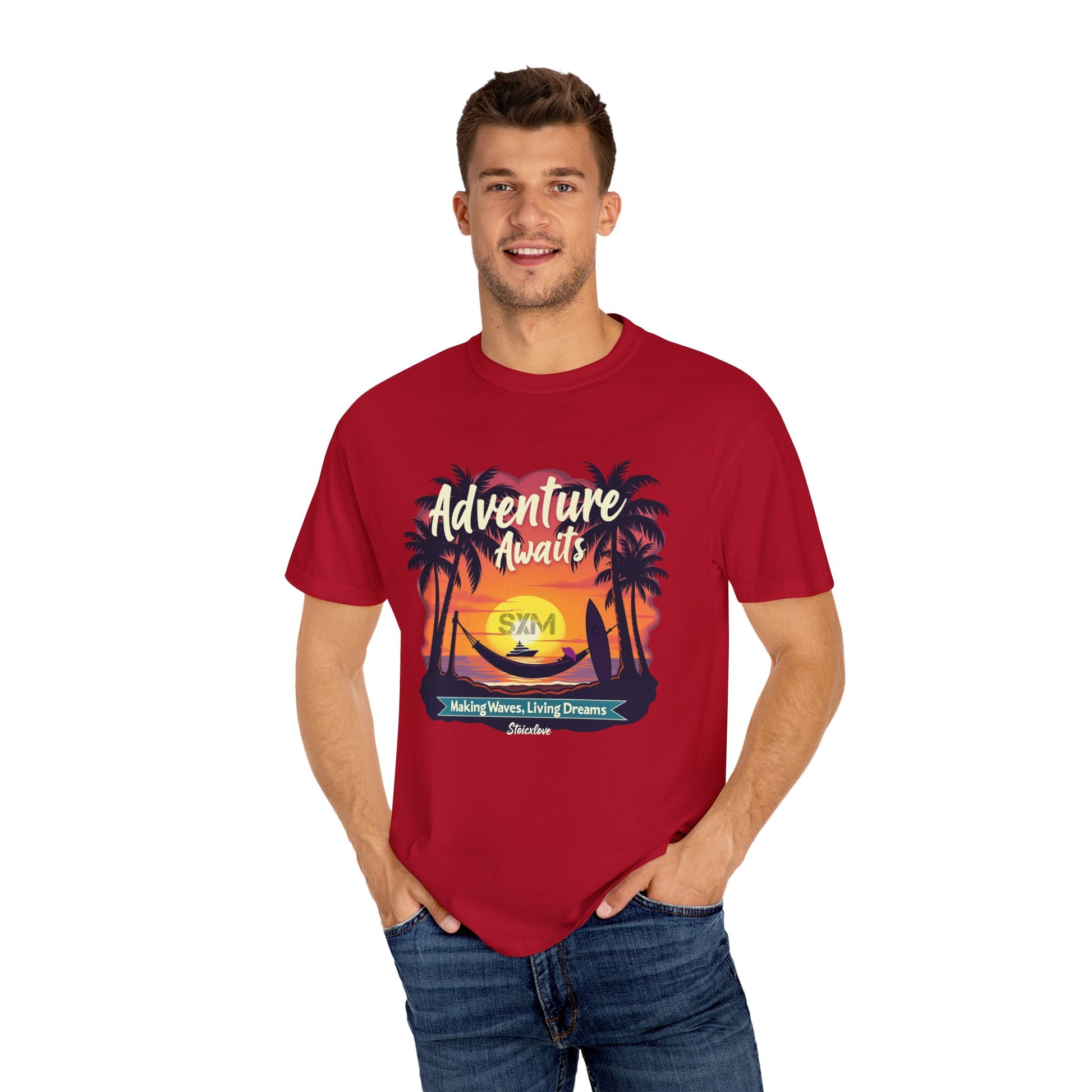 Adventure Awaits Garment-Dyed T-Shirt | Beach Lover's Tee, Travel Shirt, Vacation Top, Fun Summer Wear, Unisex Graphic T-shirt