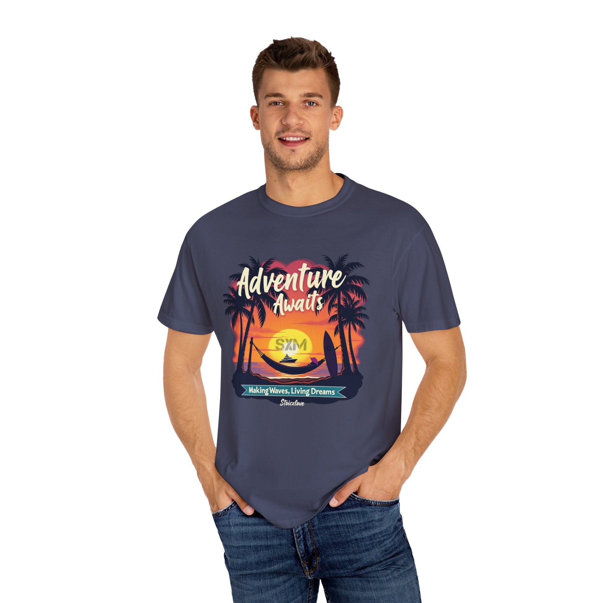 Adventure Awaits Garment-Dyed T-Shirt | Beach Lover's Tee, Travel Shirt, Vacation Top, Fun Summer Wear, Unisex Graphic T-shirt