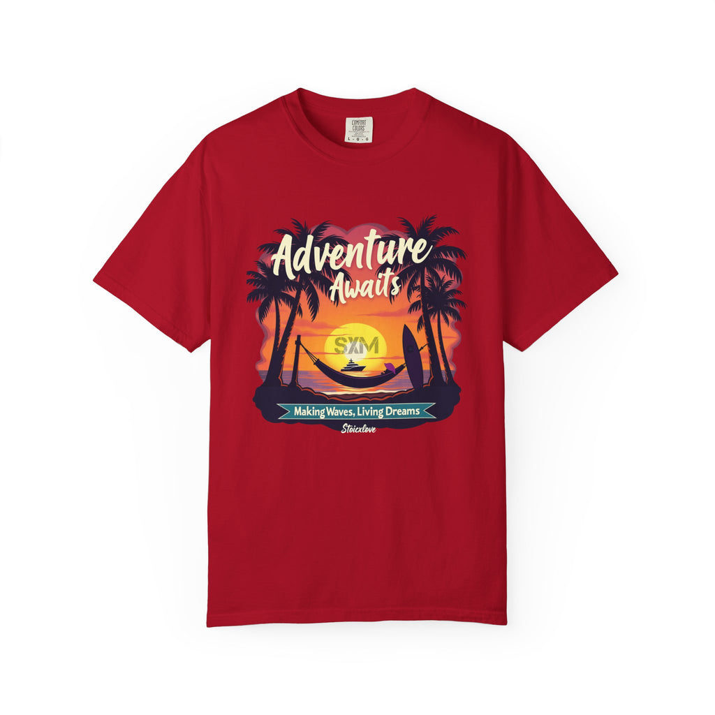 Adventure Awaits Garment-Dyed T-Shirt | Beach Lover's Tee, Travel Shirt, Vacation Top, Fun Summer Wear, Unisex Graphic T-shirt