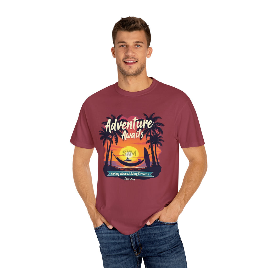 Adventure Awaits Garment-Dyed T-Shirt | Beach Lover's Tee, Travel Shirt, Vacation Top, Fun Summer Wear, Unisex Graphic T-shirt