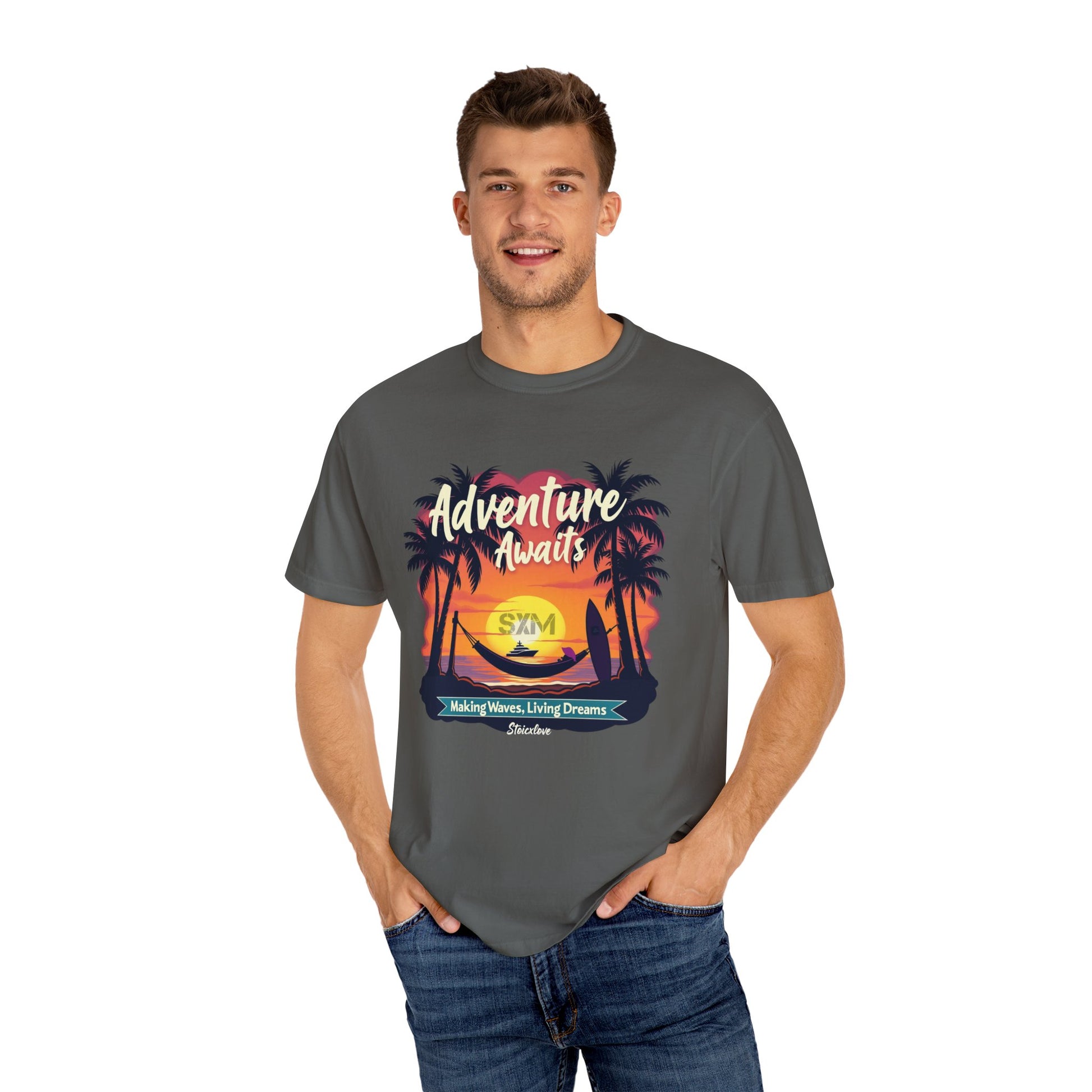 Adventure Awaits Garment-Dyed T-Shirt | Beach Lover's Tee, Travel Shirt, Vacation Top, Fun Summer Wear, Unisex Graphic T-shirt